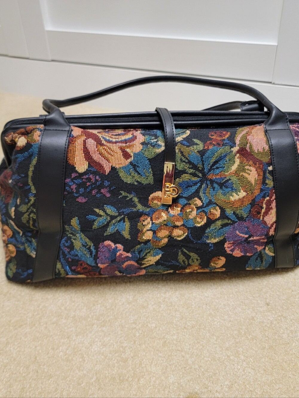 Large Floral Tapestry Shoulder/Tote Bag with Black Trim
